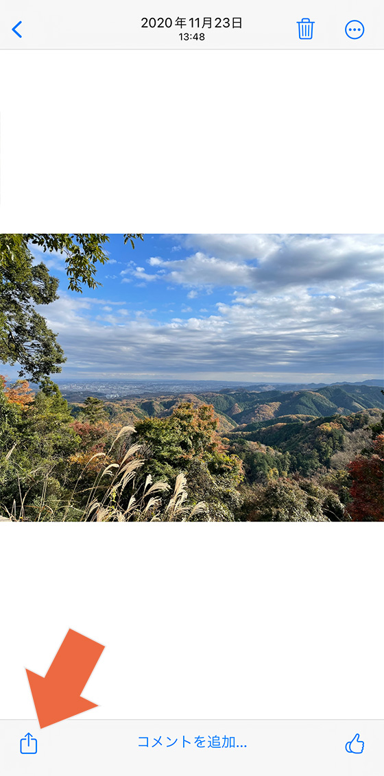 共有アルバムの写真の共有ボタンをタップ