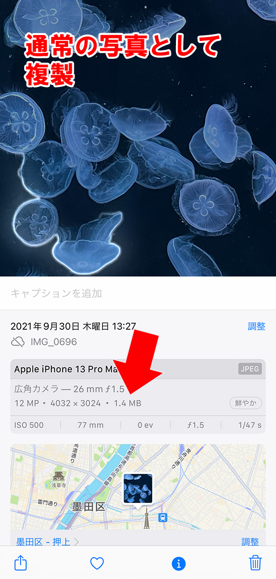 iPhone標準写真アプリでファイルサイズを確認