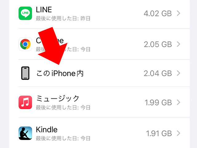 設定のiPhoneストレージの使用状況一覧にある「このiPhone内」