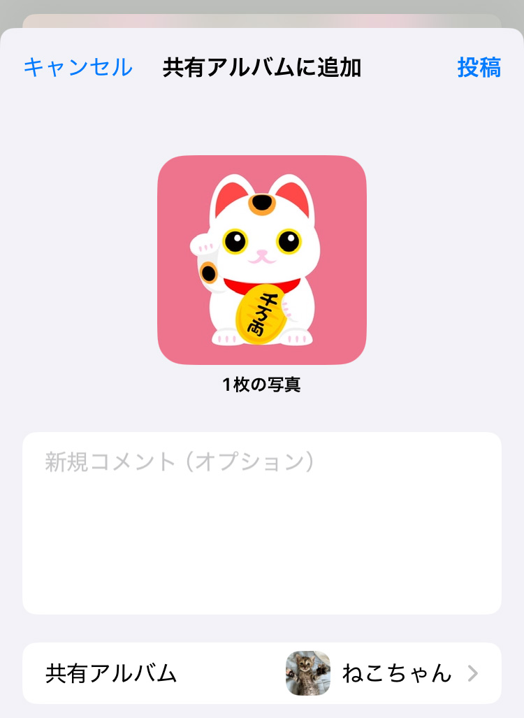 iOS18の写真アプリで写真を共有アルバムに追加